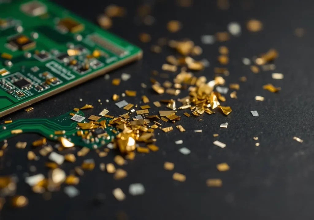 Recovered gold flakes stripped from electronic components